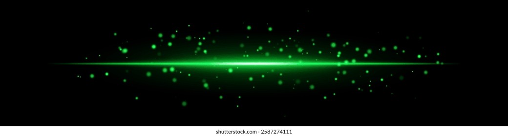 Green laser beam with glowing particles and energy sparks on a dark background. The scattered light orbs create a futuristic, sci-fi effect, digital art, space themes, abstract light compositions.
