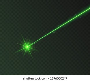 Green laser beam light effect isolated on transparent background. Neon light ray with sparkles.