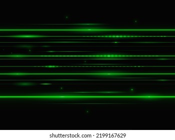 Green laser beam lights. Vector horizontal lens flare lines. Glowing rays on black background. Luminous abstract sparkling streaks, energy motion, magic burst, security technology