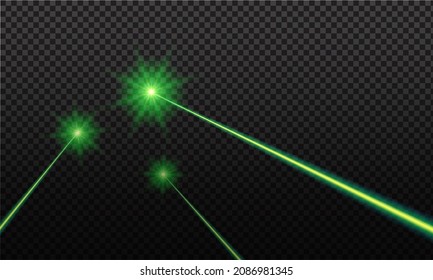 Green laser beam. Laser rays, green lighting effect on transparent black background