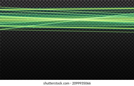 Green laser beam. Laser rays, green lighting effect on transparent black background