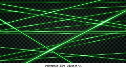 Green laser beams, glowing light effect. abstract luminous ray lines of safety scanner on dark transparent background. Vector illustration