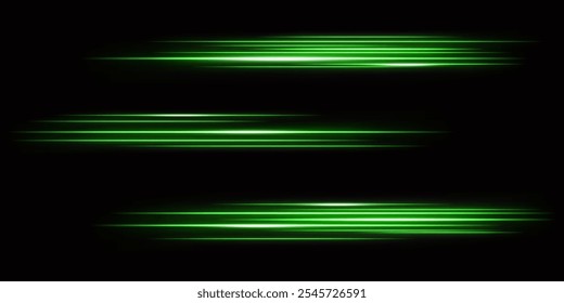 Green laser beams, glowing stripes. Bright light effect.  Abstract vector illustration isolated on black background.