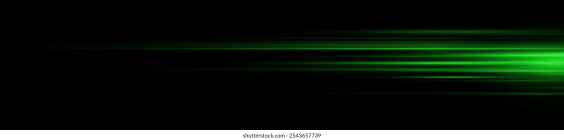 Green laser beams isolated on black background. Abstract light effect. Green lens flash. Horizontal rays glowing in the dark. Speed ​​vector illustration, road.