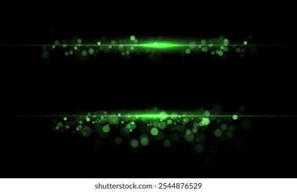 Green laser beams isolated on black background. Abstract light effect. Green lens flash. Horizontal rays glowing in the dark. Light Speed ​​vector illustration, road.