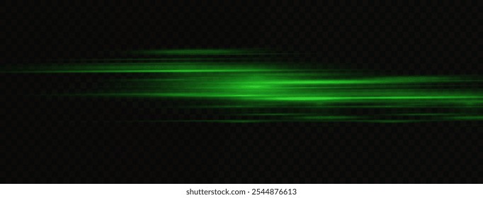 Rayos láser verdes aislados sobre fondo negro. Abstractas efecto de luz. Flash de lente verde. Horizontales rayos brillando en la oscuridad. Velocidad ​​Ilustración vectorial, carretera.