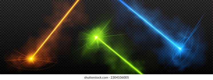 Green laser light beam effect isolated on transparent background. Vector blue neon line abstract design. Lazer show with sparkle and smoke presentation pointer. Led broadway entertainment illustration