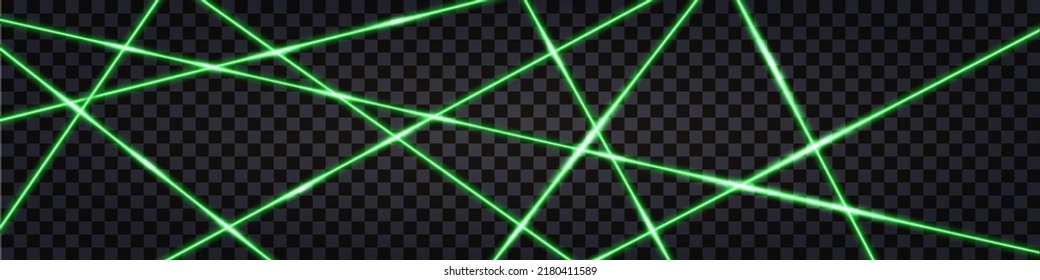 Green laser light beams, glowing ray lines. Abstract technology background. Safety scanner light network system. Vector illustration