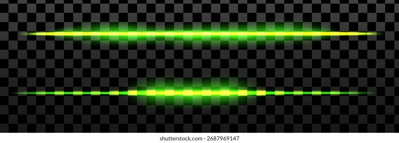 Rayos de línea láser verde sobre fondo oscuro. Luz de neón verde rayo Horizontal