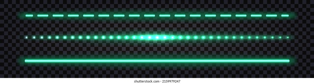 Green laser neon stick, light glowing effect. Electric shiny sparks and impulse line, thunder bolt streak, isolated luminoгs border  on dark transparent background. Vector illustration