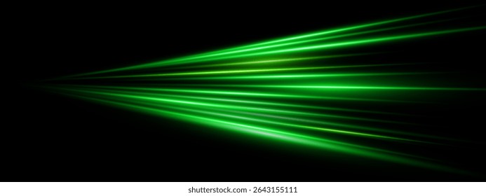 Explosão de velocidade a laser verde com linhas de néon brilhantes e feixes de energia radial no fundo tecnológico escuro. Efeito de explosão digital de alta potência para cartazes de concertos ou cenas de estrada futuristas. Arte vetorial.