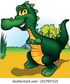 Green Laughing Dinosaur with Folded Arms - Cartoon Illustration with Background, Vector