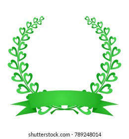 Green laurel wreath green composed of two branches with colorful hearts and stems with a green ribbon for the place for winner on a white background 