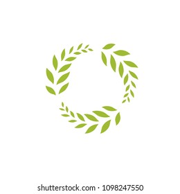 Green Laurel Wreath Icon. Vector illustration. Flat icon isolated on white.  Winner label with green sharp leaves. Victory logo. First place sign