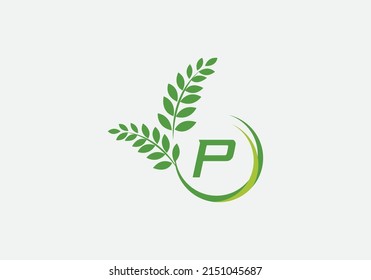 Diseño de letras y alfabetos del símbolo de la corona del laurel verde vectorial y del icono circular