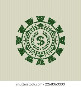 Green laurel wreath with money symbol inside icon inside rubber stamp. 