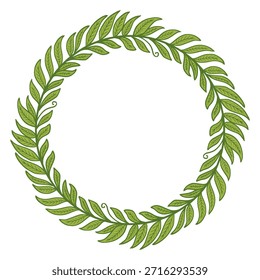 Grüner Lorbeerkranz, Vektorrahmen für Logo-Design. Handgezeichnete elegante Laub Kreis Rand mit grünen Blättern Vektorgrafik