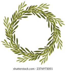 Green Laurel wreath. Vector illustration of a round wreath of tree branches with green leaves isolated on a white. Color botany border with copy space for text. Wedding, Easter template for postcard