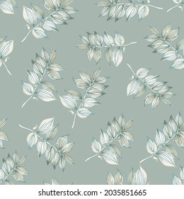 green laurus leaf. Leaf plant botanical garden floral foliage. Seamless background pattern. Fabric wallpaper print texture. light grey leaf on pastel green background, texture, wrapper pattern, frame.