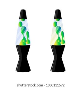 Green Lava lamp with liquid gradient. Concept of 70s decor astro lamp.