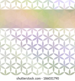 Green and lavender pastel defocused background with geometric ornament and bright stripe