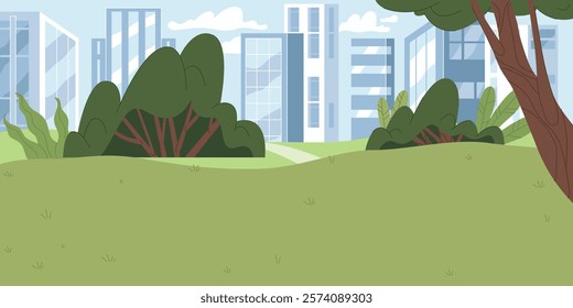 Green lawn of city park with cityscape view in distance. Vector in flat style, public space with bushes and trees giving shade in summertime hot days. Empty place for picnics and spending time