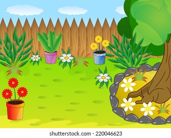 green lawn with flowers and wooden fence, vector illustration