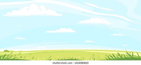 Green lawn with grass and flowers against blue sky with white clouds, summer sunny glades with field grasses and blue sky, freedom landscape illustration