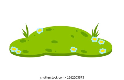 Green lawn with grass and flowers. Element of the summer landscape. Meadow with hills. Background and template. Flat cartoon illustration