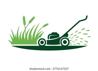 Green lawn mower cutting tall grass flat