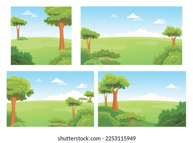 Green lawn and shady trees in the summer sunny day, vector illustration. Set of four landscapes