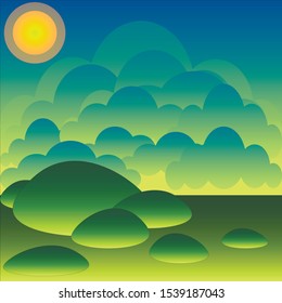 green lawn and the sky with clouds and sun summer landscape background vector