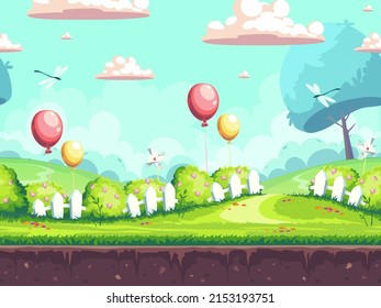 Green lawn with the white fences and balloons. Vector background illustration . For print on demand, magazines and newspapers, book covers.