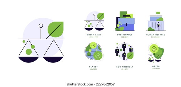 Leyes verdes y conciencia ecológica. Estilo de vida consciente. Concepto de vida amigable con el medio ambiente. Conjunto de garabatos. Archivo vector.