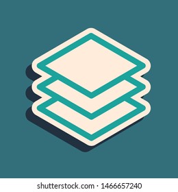 Green Layers icon isolated on blue background. Long shadow style. Vector Illustration