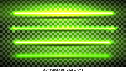 Green lazer straight lines pack isolated. Neon glowing laser beam effect with shadows. Fluorescent LED electric luminous line. Led light halogen dynamic diode. Vector illustration