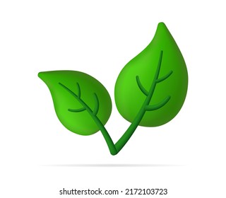 Green leaf. 3d eco leaves. Icon of organic plant. Symbol of environment and tree. Logo for ecology, nature and grow. Isolated illustration on white background. Vector.