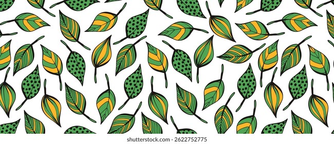 Green Leaf Abstract Pattern in Hand Drawn Style. Natural plant background. Organic seamless texture. Eco-friendly design