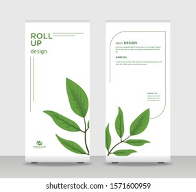 Green leaf Abstract Shapes Modern Exhibition Advertising Trend Business Roll Up Banner Stand Poster Brochure flat design template creative concept. Green leaf Roll Up EPS. Presentation Cover