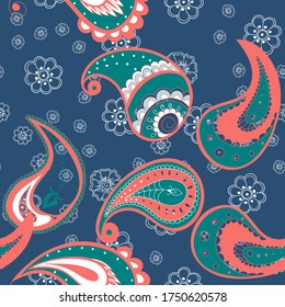 Green Leaf Abstract Vector Seamless Pattern. Beautiful Paisley Design. Floral Repeat Tile. Green and Red Damask Texture.