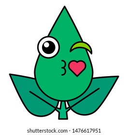 Green leaf air kisses emoticon linear icon. Cute romantic botanical emoji, winking face sticker