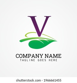Hoja verde y letra inicial del alfabeto V para la identidad de la marca de la empresa o el logotipo de la empresa