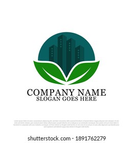 Green leaf apartment logo design vector, best for building and construction logo inspiration