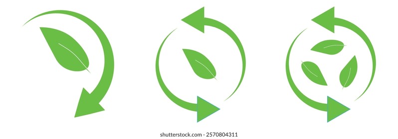 Green leaf and arrow icons for biodegradable recyclable organic bio labels package, Recycling and rotation arrow icon pack.