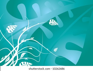 green leaf background with flowing white floral design on top