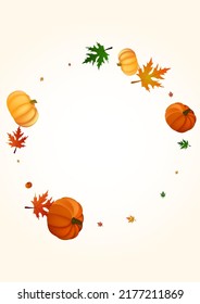 Green Leaf Background Light Vector. Red Pumpkins Border. Yellow Gourd Nature Set. Plant Fall. Graphic Card.