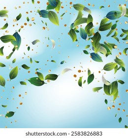 Green leaf background. Luxury background design concept. Abstract art. Tropical summer leaf design. Pattern art illustration design. Summer Sale Banner. Greenery Leaves and Gold Confetti Wallpaper.
