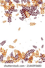 Green Leaf Background White Vector. Plant Wallpaper Frame. Orange Foliage. Golden Leaves Modern. Season Texture.