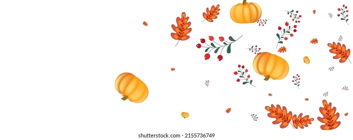 Green Leaf Background White Vector. Leaves Thanksgiving. Orange Harvest Card. November Banner. Gold Pumpkin Fall Illustration.