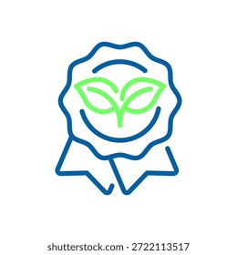 Selo de folha verde na fita azul que representa certificação ecológica, qualidade orgânica, sustentabilidade e aprovação ambiental. Traçado editável do ícone de linha fina
